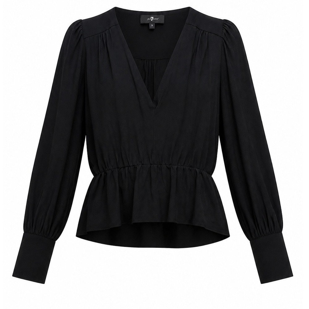 7 For All Mankind Womens Silk Peplum Blouse XS Black Chic V-Neck Puff Sleeve